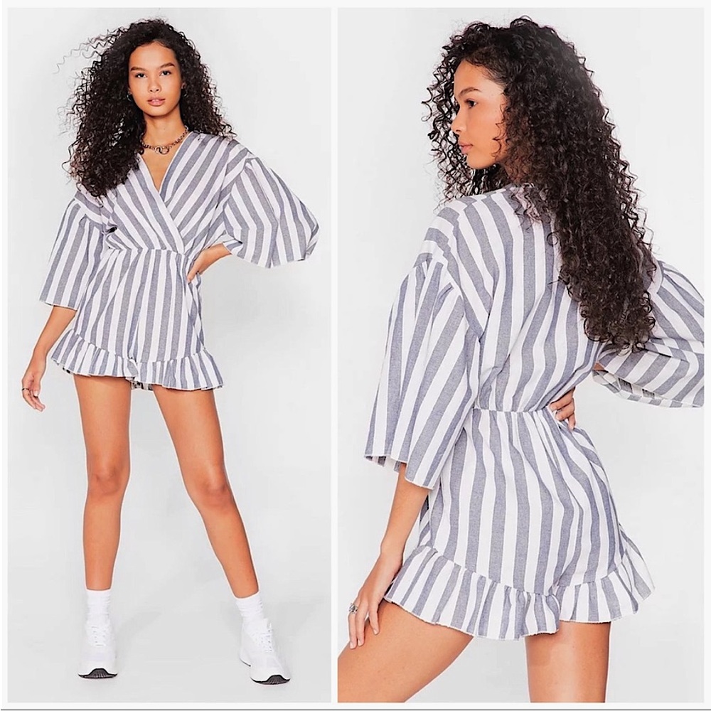 NASTY GAL | STRIPED LINEN BARBIECORE BATWING RUFFLE ROMPER